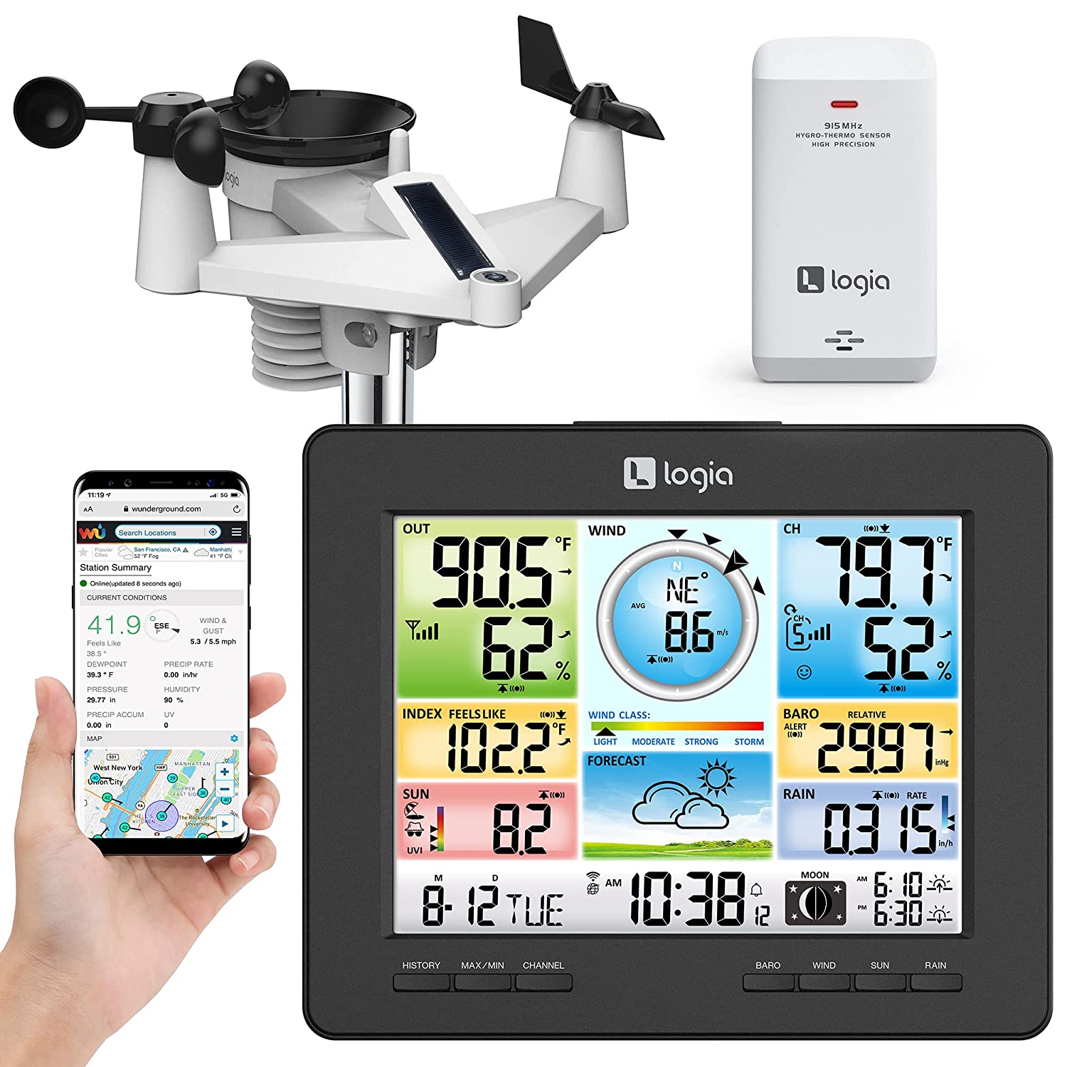 Wind Speed Robinson Cups & Direction Recorder Anemometer AM-127WSR Weather Station 7 in 1 Digital Color Display Solar Powered barometer Temperature Humidity, Wind and Rainfall solar powered Meteorolog